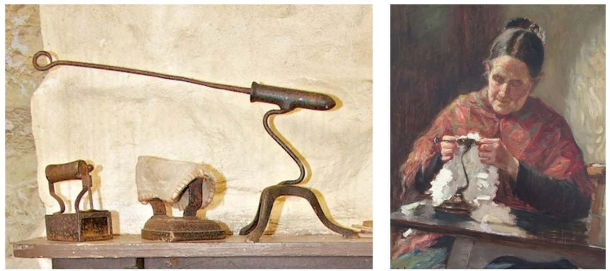 Two images: the first is a photo of a goffering iron beside two more familiar flat irons. The goffering iron has a cylindrical metal barrel on a three-legged stand. The closed end of the barrel is rounded, and it's set at an angle with the open end slightly higher. A long metal rod protrudes from the open end. The second image is a painting of a woman using a similar goffering iron. She's pressing some white fabric into ruffles over the rounded barrel of the iron. The metal rod inserted in the other end protrudes in the other direction, away from where she's working.